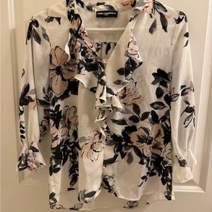 Karl Lagerfeld Women's Floral Ruffle Blouse - Black and Pink